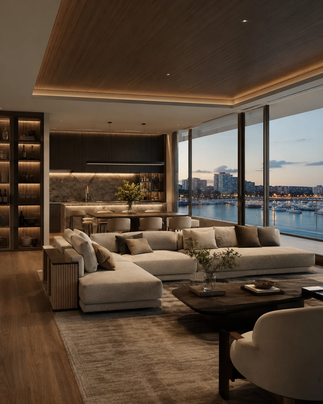Marina manzaralı lüks konut iç mekân yaşam alanı render