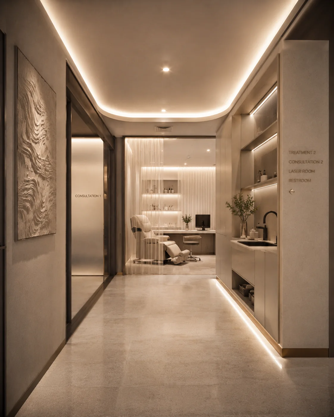 Modern klinik koridoru ve tedavi alanı 3D render