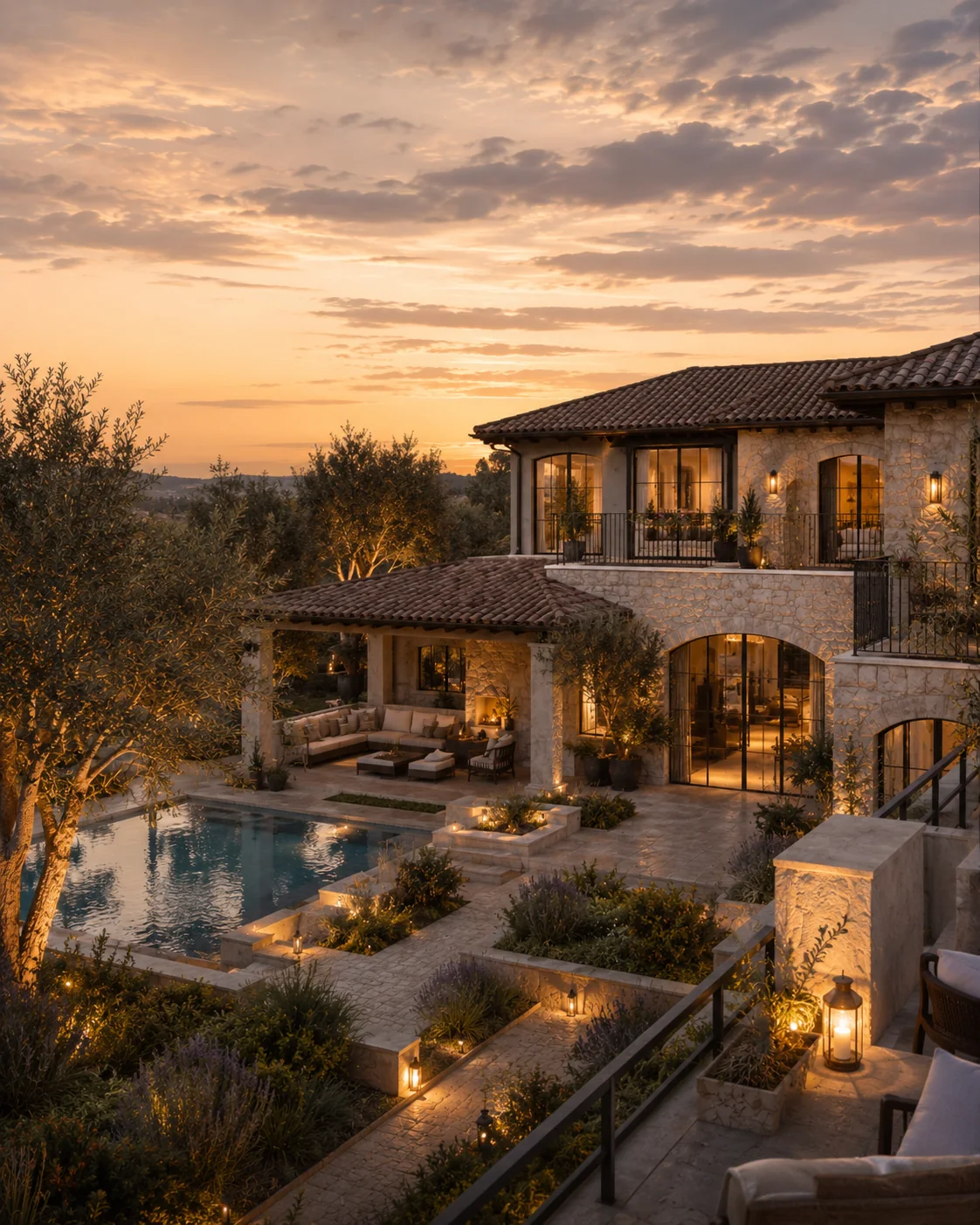 Gün batımında Akdeniz taş villa avlu ve havuz görselleştirme